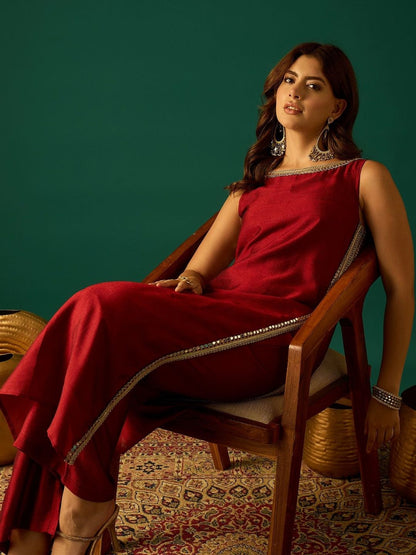 Red Women Regular Sequinned Kurta with Trousers
