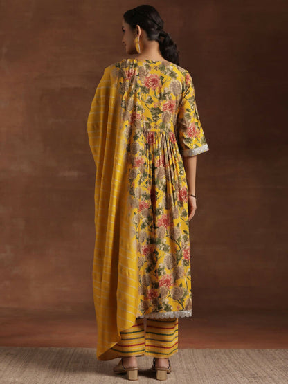 Women's LB Yellow Printed Silk Blend A-Line Kurta With Trousers & Dupatta