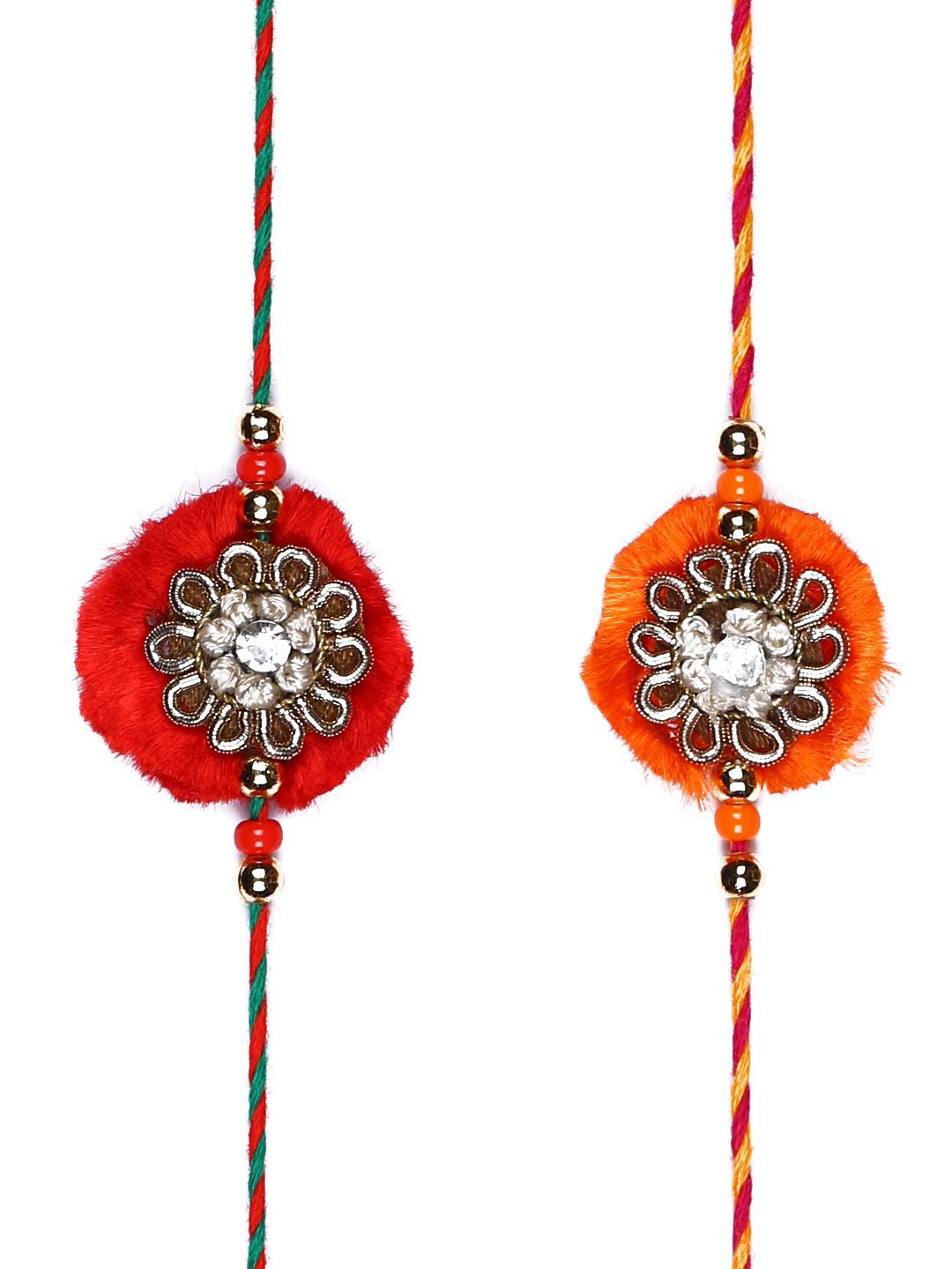 Dhiyona Set Of 2 Red Flower Design Stone Studded Rakhis Comes With Roli Rice & Greeting Card