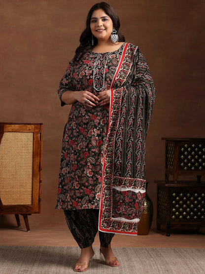 Women's LB Plus Size Black Printed Cotton Straight Suit With Dupatta