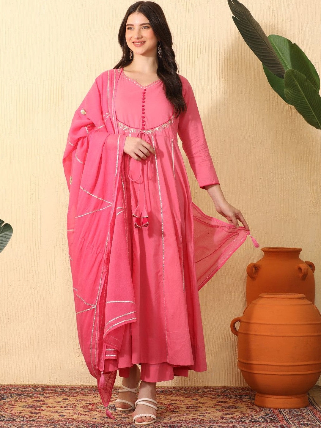 Dhiyona SN Women Ethnic Motifs Empire Sequinned Pure Cotton Kurta Trousers & Dupatta