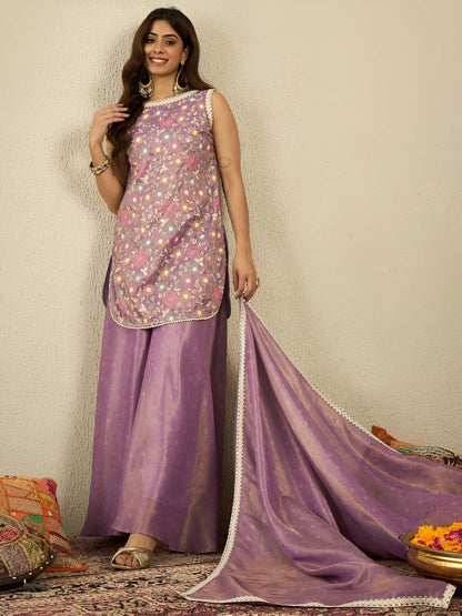 Dhiyona IN Floral Embroidered Thread Work Kurta With Sharara & Dupatta