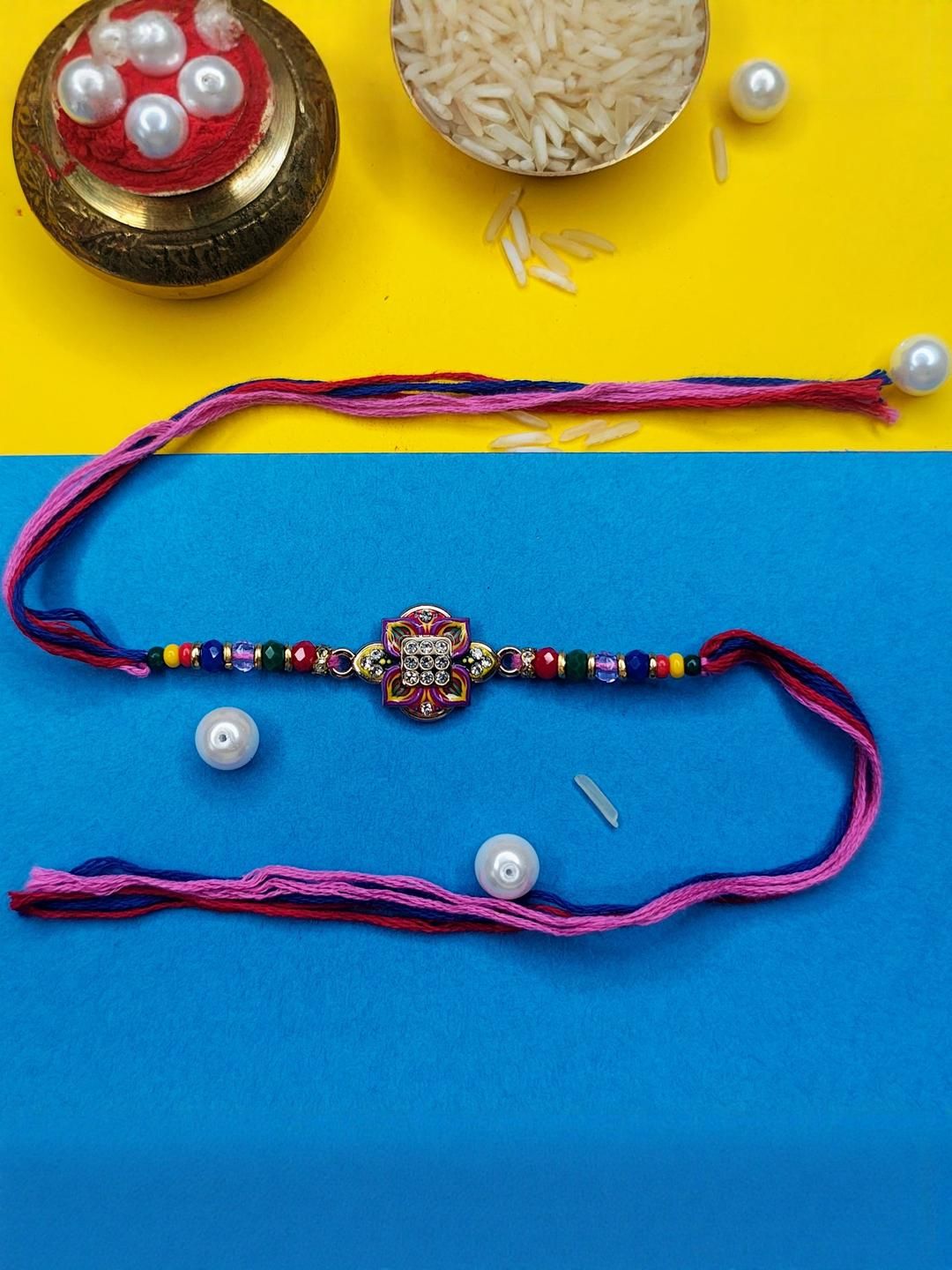 Dhiyona Set Of 6 Beaded Cotton Thread with AD Stones & Meenakari Designer Rakhi for Brother