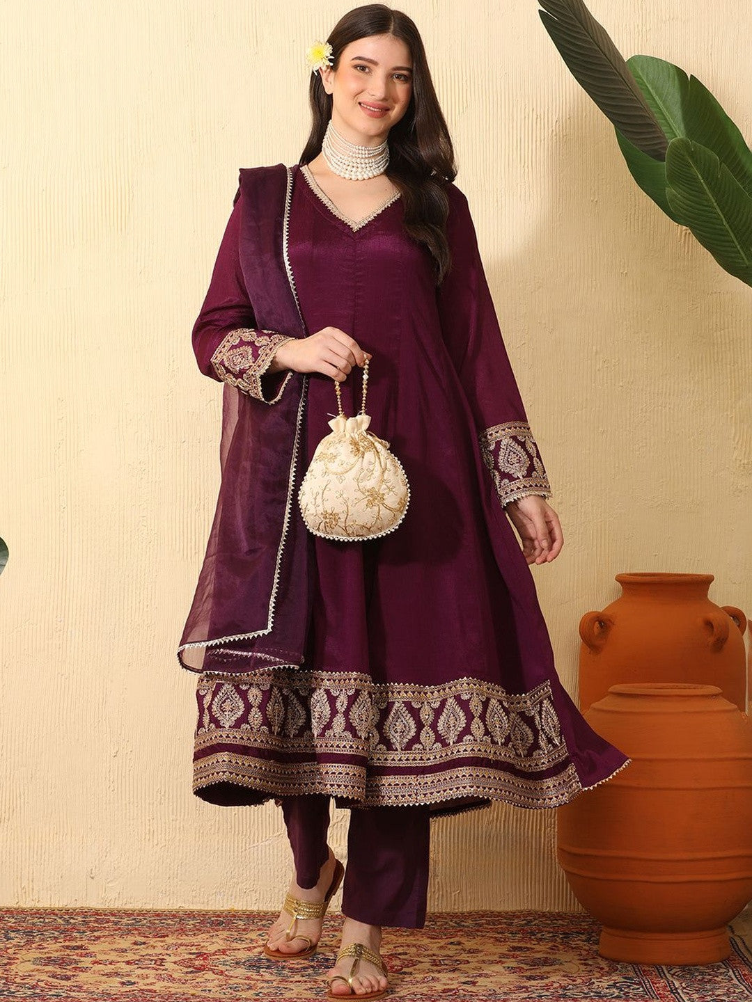 Dhiyona SN Women Ethnic Motifs Embroidered Layered Kurta with Trousers & With Dupatta