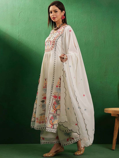 Dhiyona KL Floral Embroidered Mirror Work V-Neck Georgette Kurta With Palazzos And Dupatta