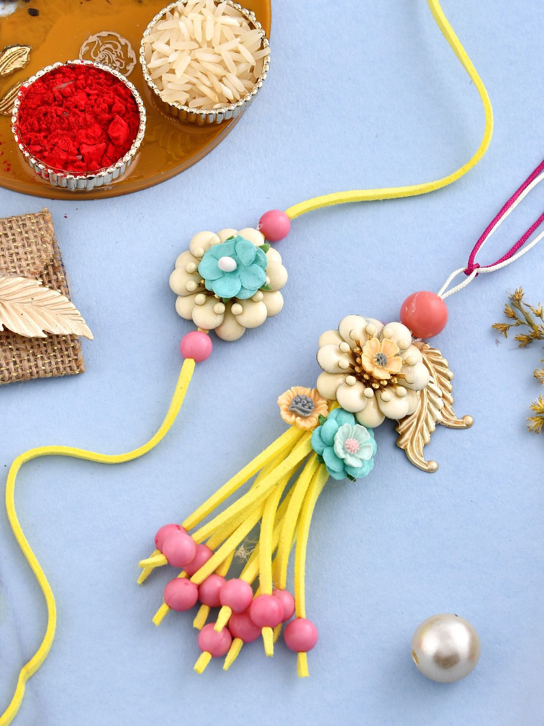 Dhiyona Yellow Beaded Bhaiya Bhabhi Rakhi With Roli Chawal & Greeting Card