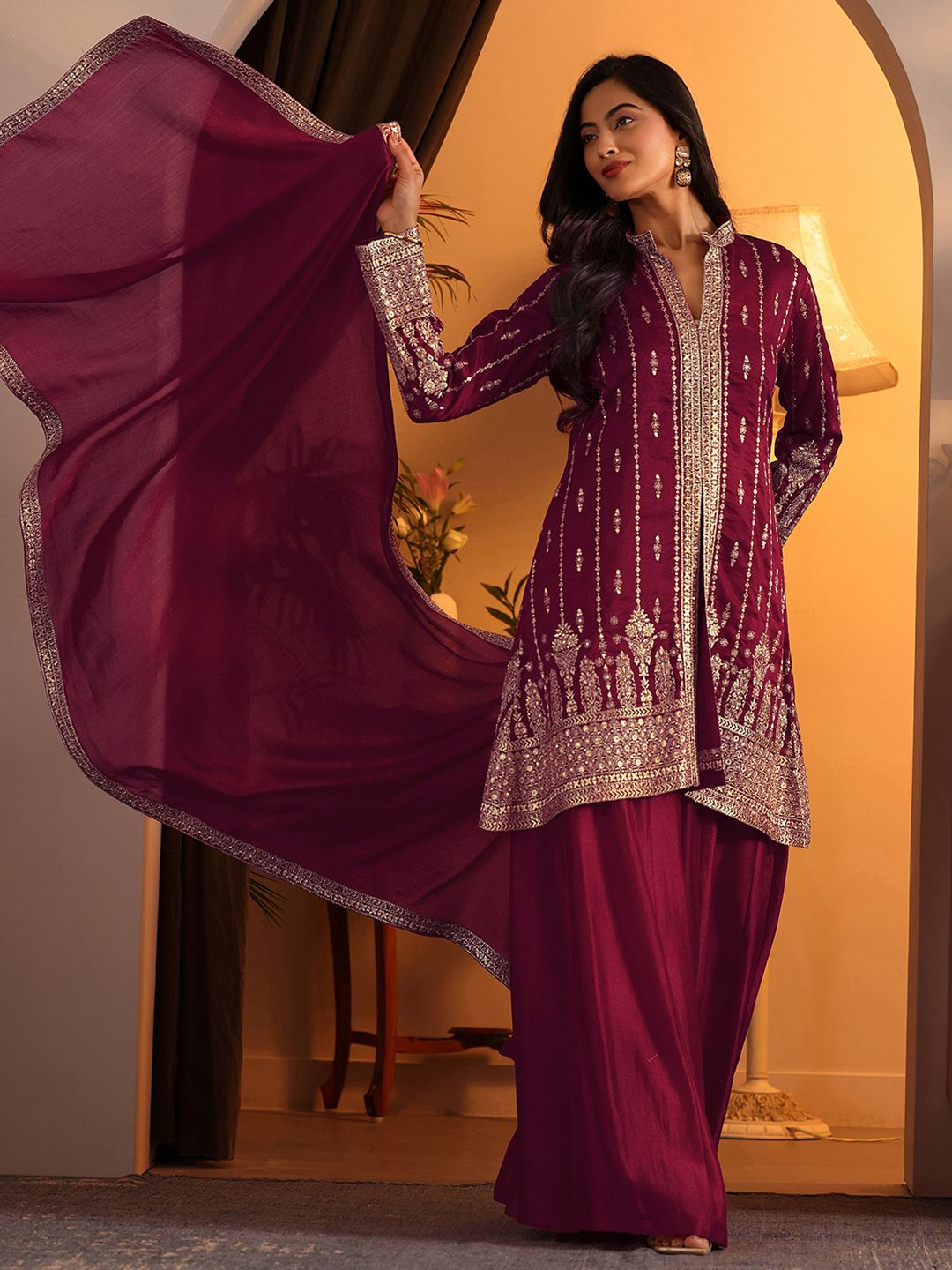 Dhiyona LL Women Ethnic Motifs Embroidered Sequinned Kurta with Palazzos & Dupatta