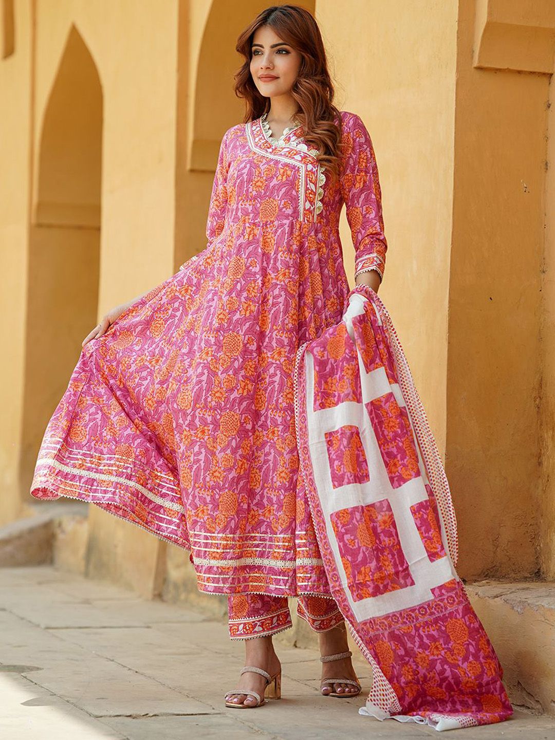 Dhiyona KL Floral Printed Angrakha Pure Cotton Anarkali Kurta With Trousers & Dupatta