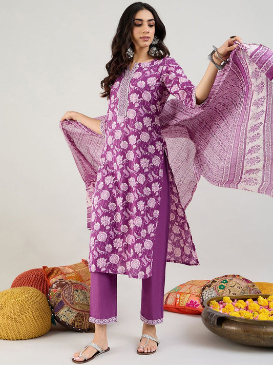 Dhiyona IE Purple Floral Printed Mirror Work Pure Cotton Kurta with Trousers & Dupatta