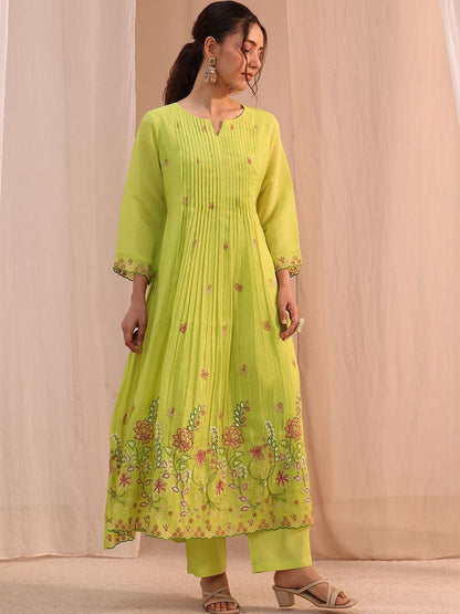 Women Floral Embroidered Pleated Thread Work Chanderi Cotton Kurta with Palazzos & With Dupatta