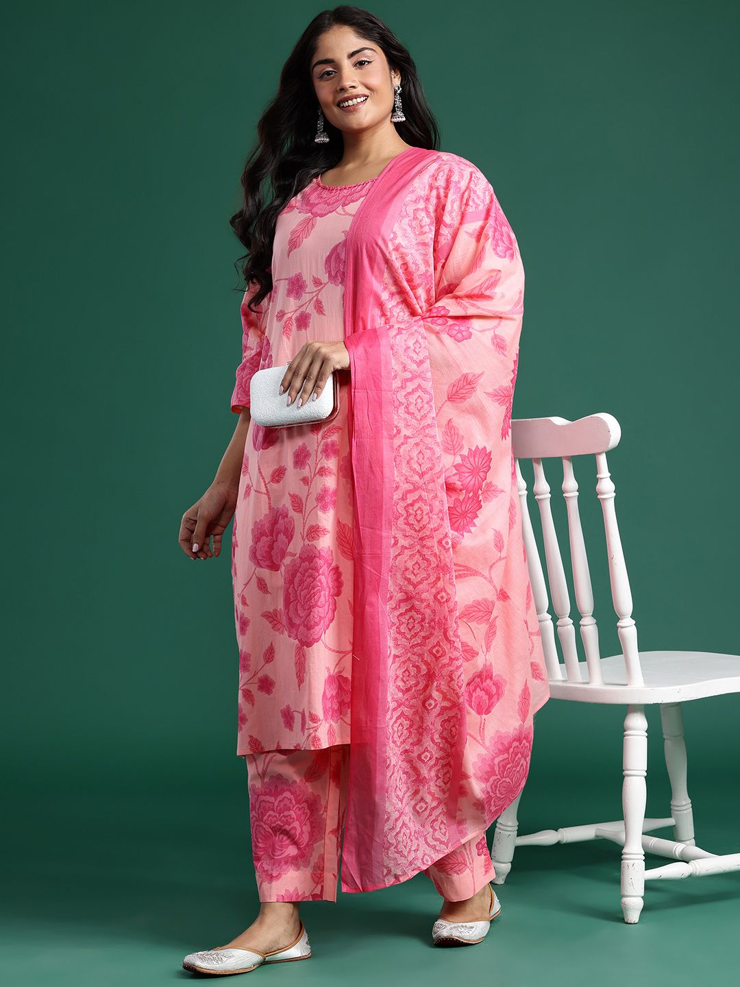 Dhiyona IE Floral Print Pure Cotton Kurta with Trousers & Dupatta