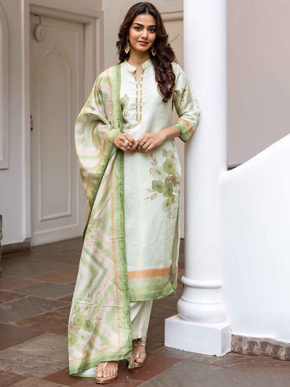 Dhiyona KL Floral Printed Straight Kantha Work Chanderi Silk Kurta With Palazzos And Dupatta