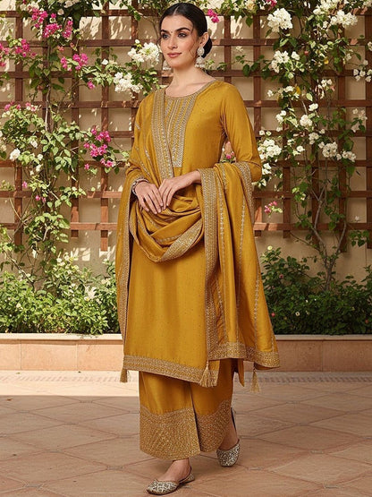 Dhiyona KL Floral Embroidered Thread Work Straight Kurta With Palazzos & Dupatta