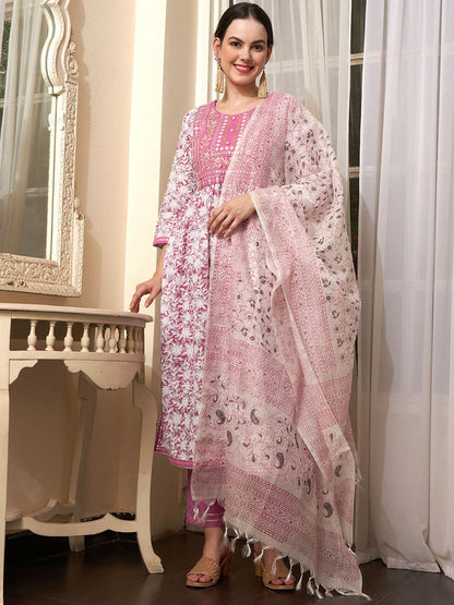 Mauve Floral Printed Mirror Work Pure Cotton Kurta With Trouser And Dupatta