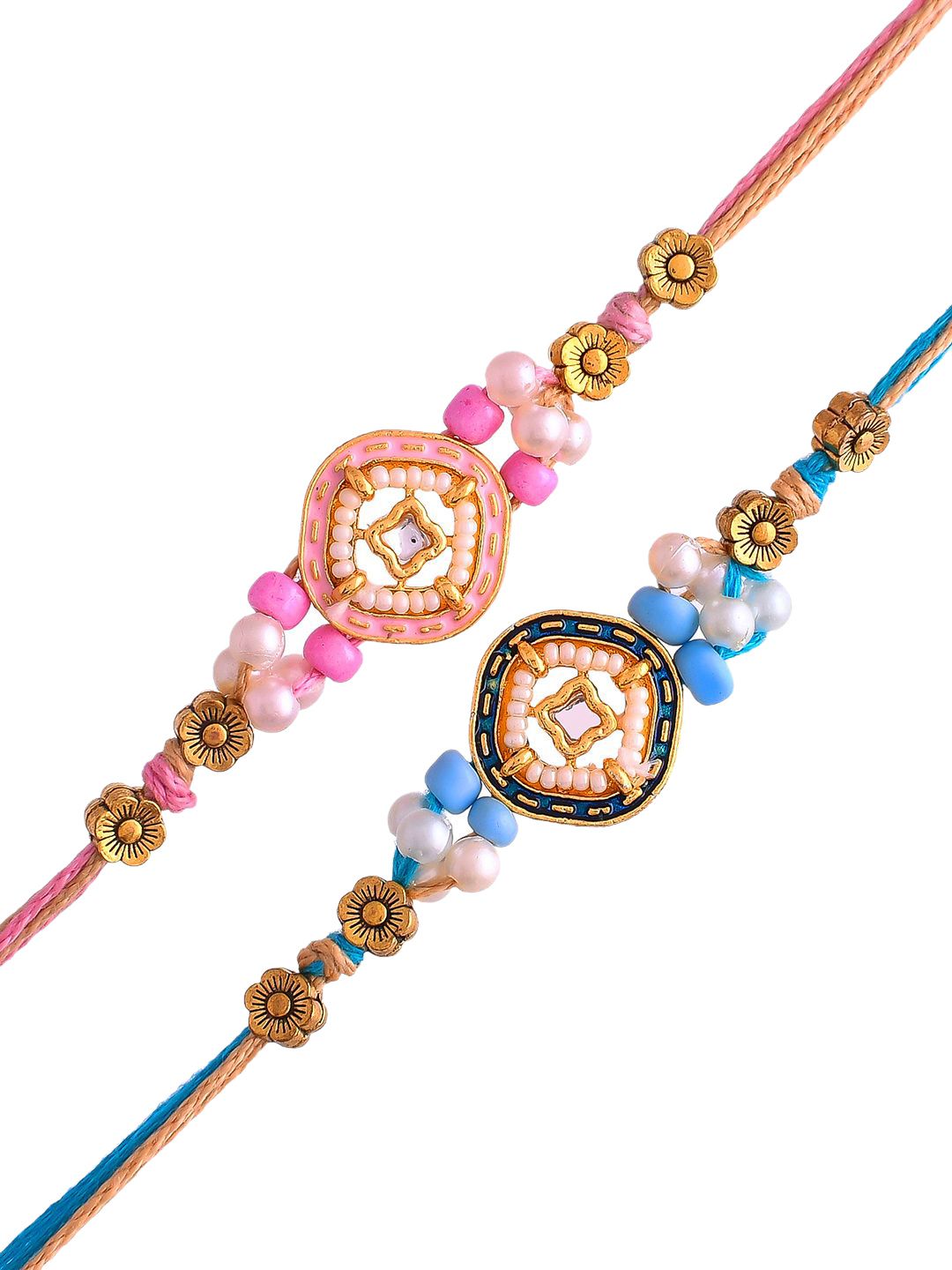 Dhiyona Set Of 2 Kundan Studded Thread Rakhi With Roli Chawal & Greetings Card