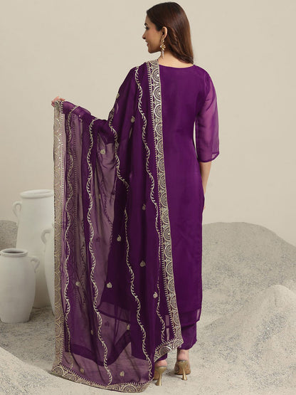 Floral Yoke Design Round Neck Zari Organza Straight Kurta & Trousers With Dupatta