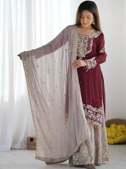 Dhiyona KL Women Ethnic Motifs Embroidered Regular Sequinned Kurta with Sharara & With Dupatta
