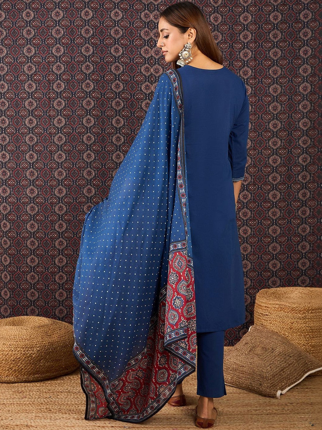 Women Ethnic Motifs Regular Thread Work Pure Cotton Kurta with Trousers & With Dupatta
