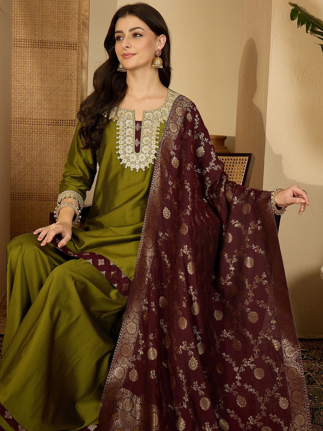 Women Ethnic Motifs Embroidered Kurta With Palazzos & Dupatta