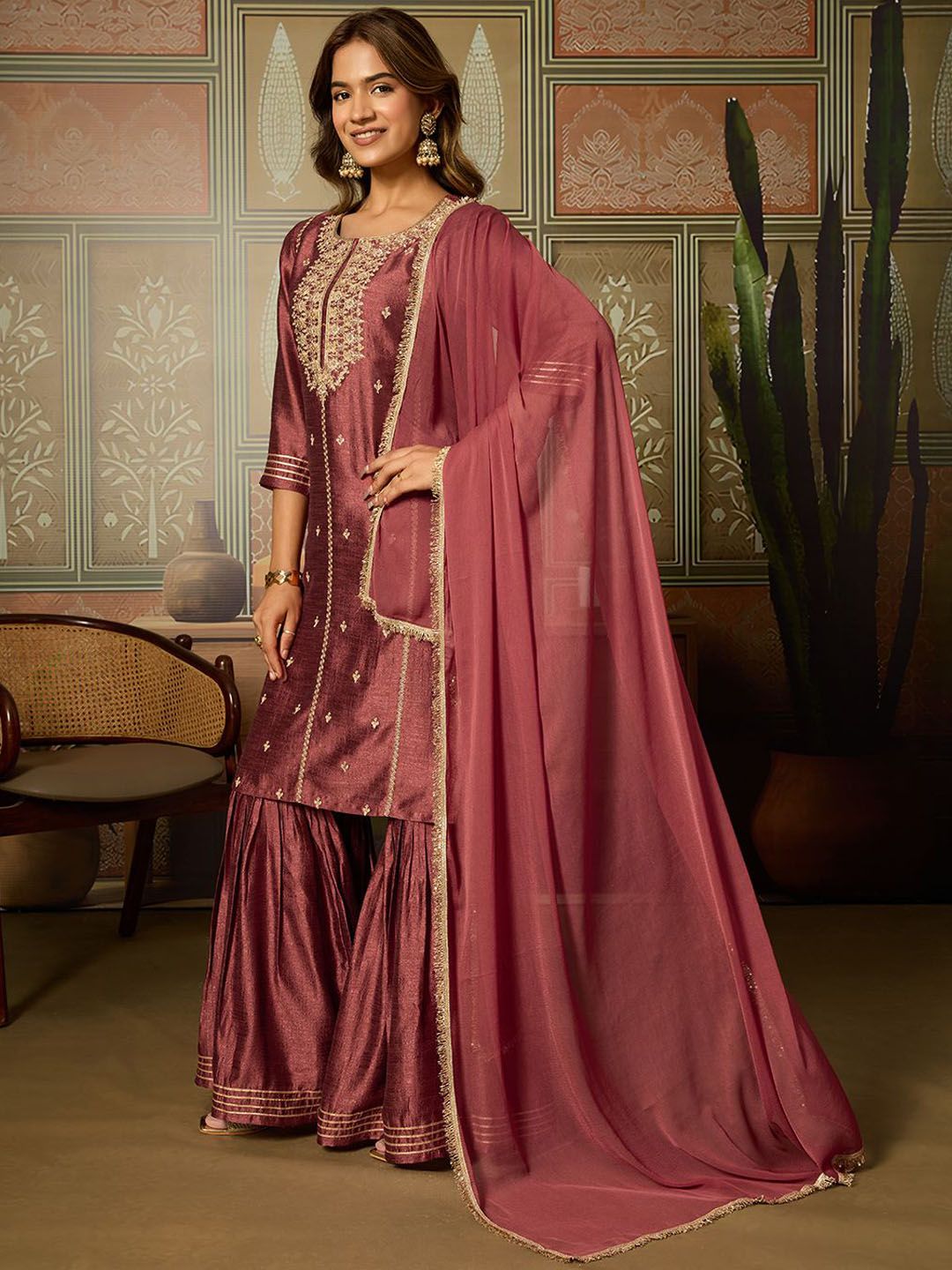 Dhiyona HOP Women Ethnic Motifs Embroidered Kurti with Sharara & Dupatta