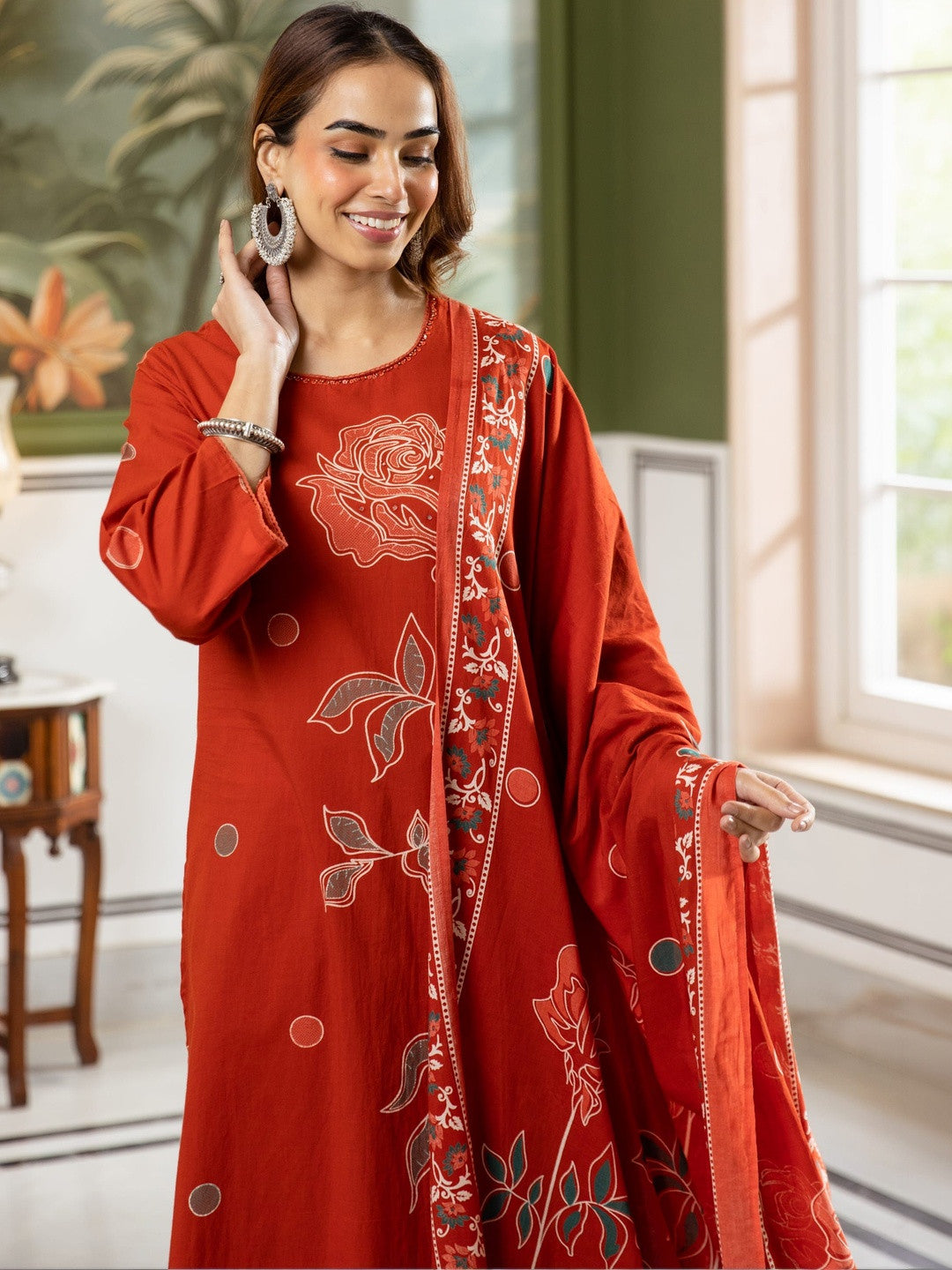 Printed Pure Cotton Straight Kurta With Palazzo & Dupatta