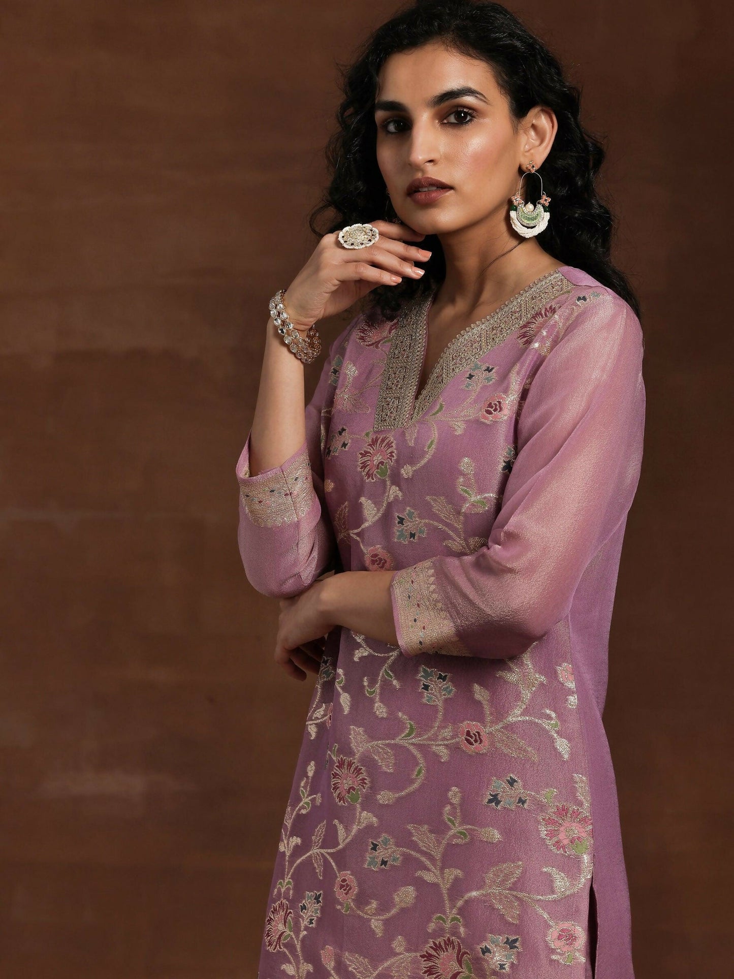 Women's LB Mauve Woven Design Silk Blend Straight Kurta With Trousers & Dupatta