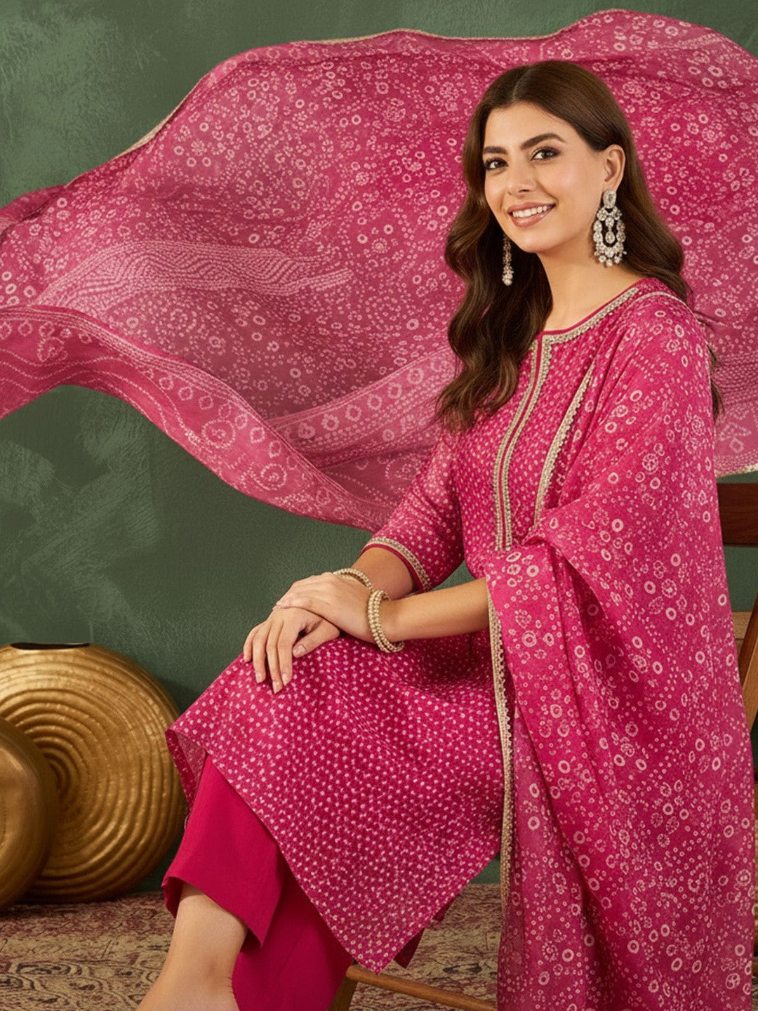 Printed Round Neck Kurta & Trousers With Dupatta