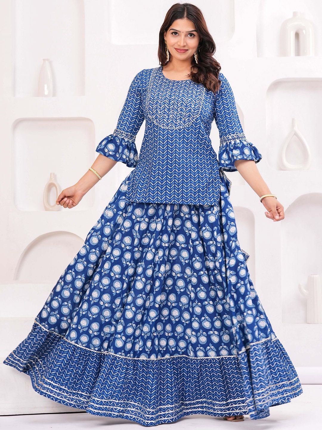 Dhiyona KL Women Ethnic Motifs Printed Pure Cotton Kurti with Skirt & Dupatta