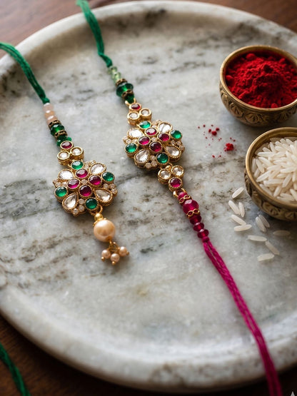 Dhiyona Set Of 2 Floral Design Kundan Studded Bhaiya Bhabhi Rakhi With Roli Chawal Chandan