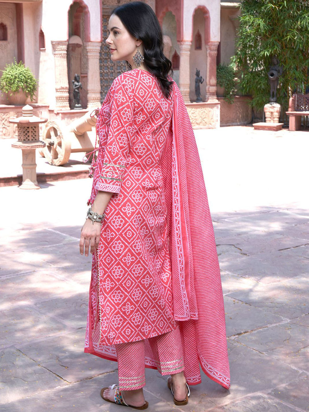 Peach Bandhani Printed V Neck Pure Cotton Angrakha Kurta With Trouser And Dupatta