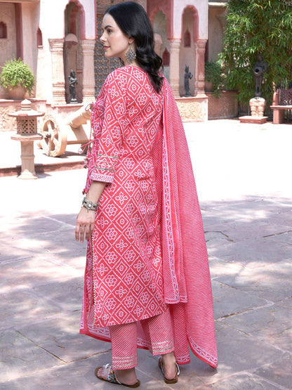 Peach Bandhani Printed V Neck Pure Cotton Angrakha Kurta With Trouser And Dupatta