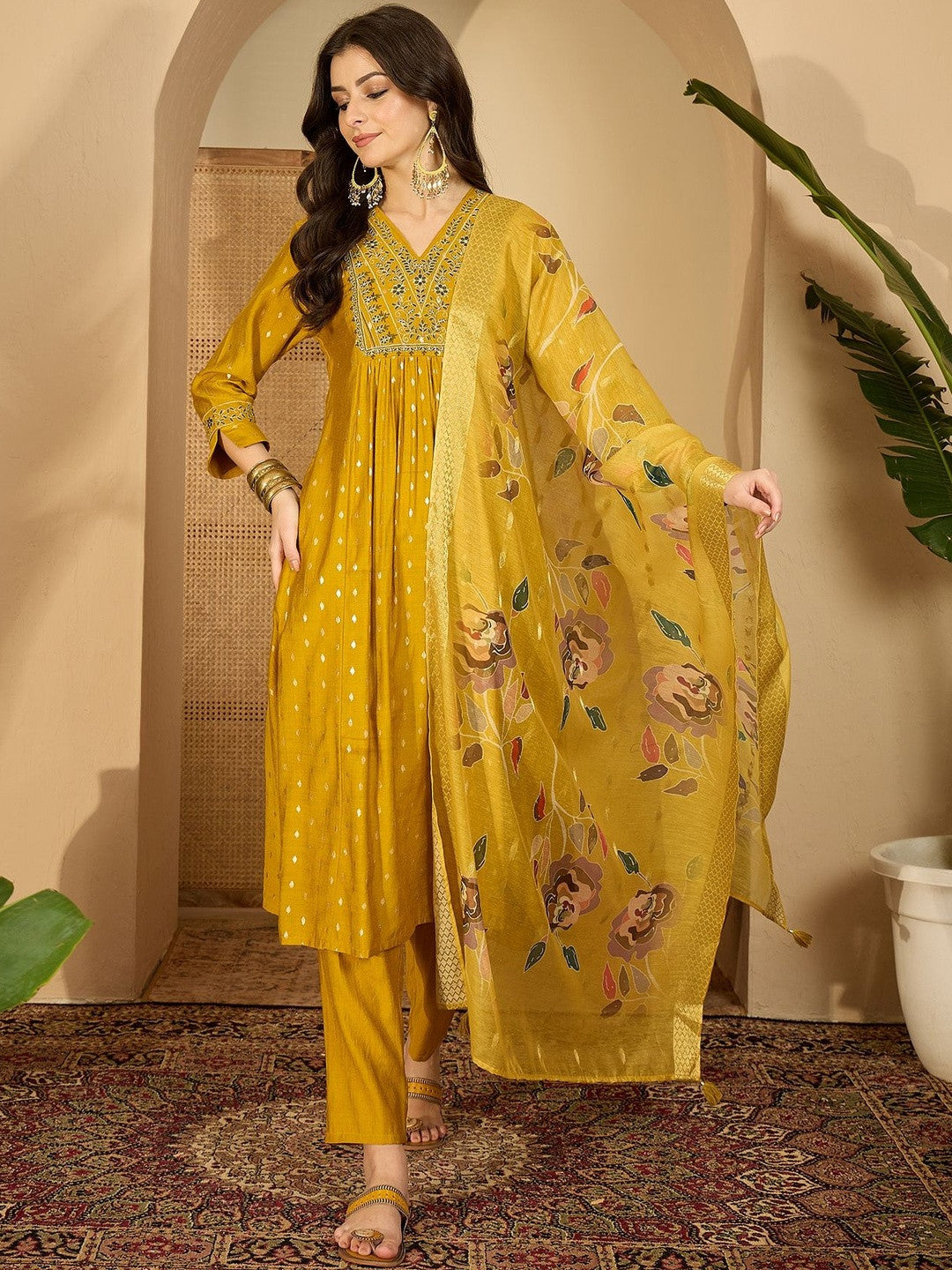 Women Ethnic Motifs Printed V-Neck Thread Work Kurta with Trousers & Dupatta