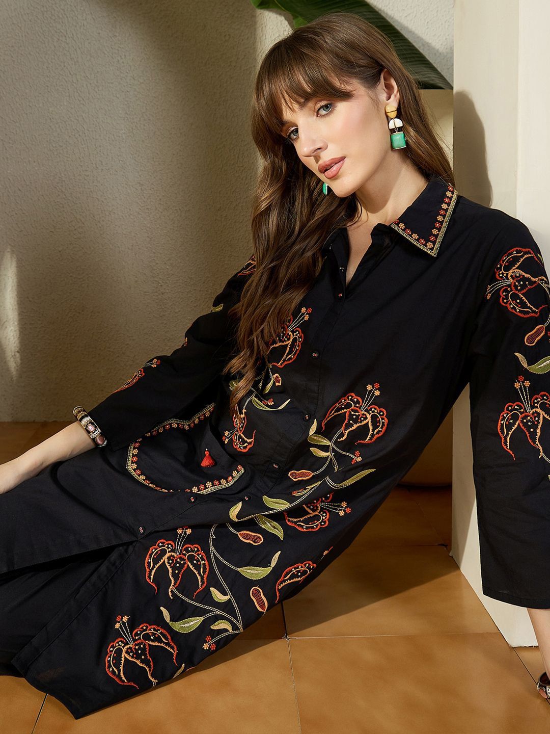 Dhiyona IE Embroidered Shirt Collar Pure Cotton Tunic With Trouser