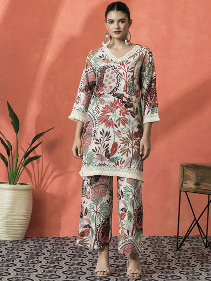 Floral Printed V-Neck Pure Cotton Straight Kurta With Palazzo