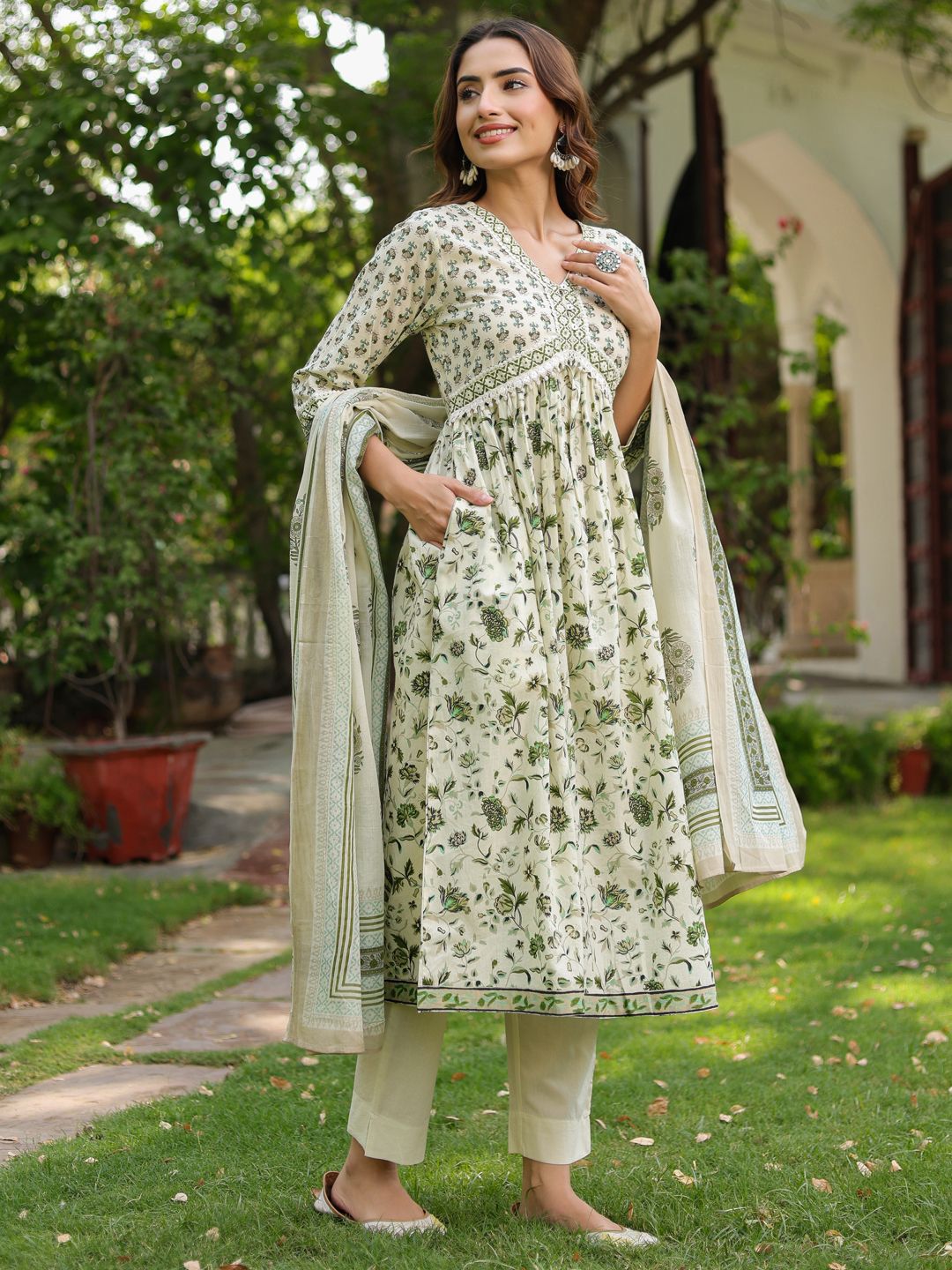 Dhiyona RR Women's Floral Printed Cotton Anarkali Kurta with Trousers & Dupatta