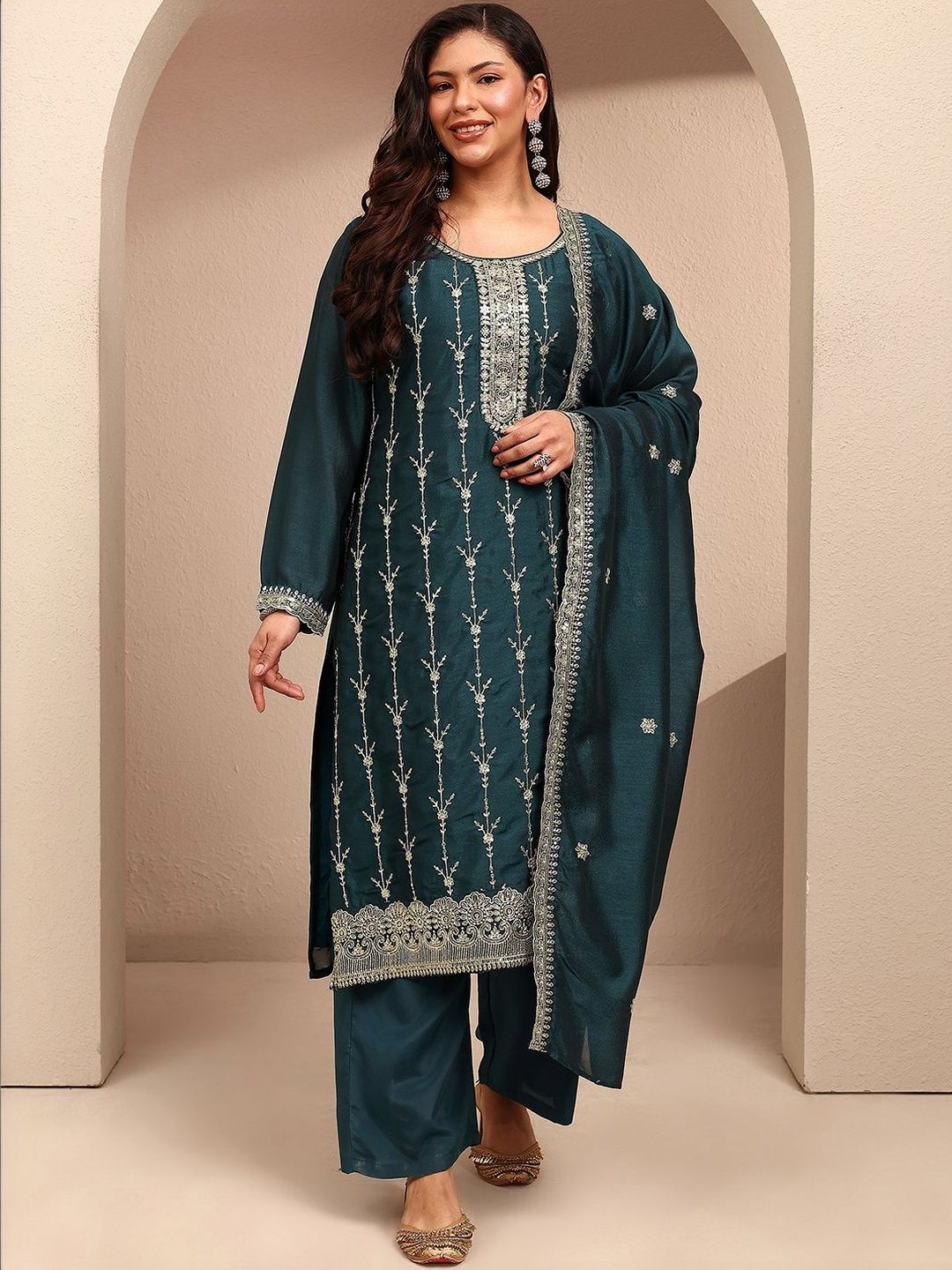 Dhiyona Women's Ethnic Motifs Embroidered Regular Thread Work Kurta with Palazzos & With Dupatta