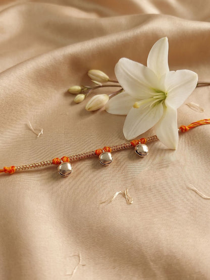 Dhiyona Golden Ghungroo Thread Rakhi With Roli Chawal Chandan Mishri