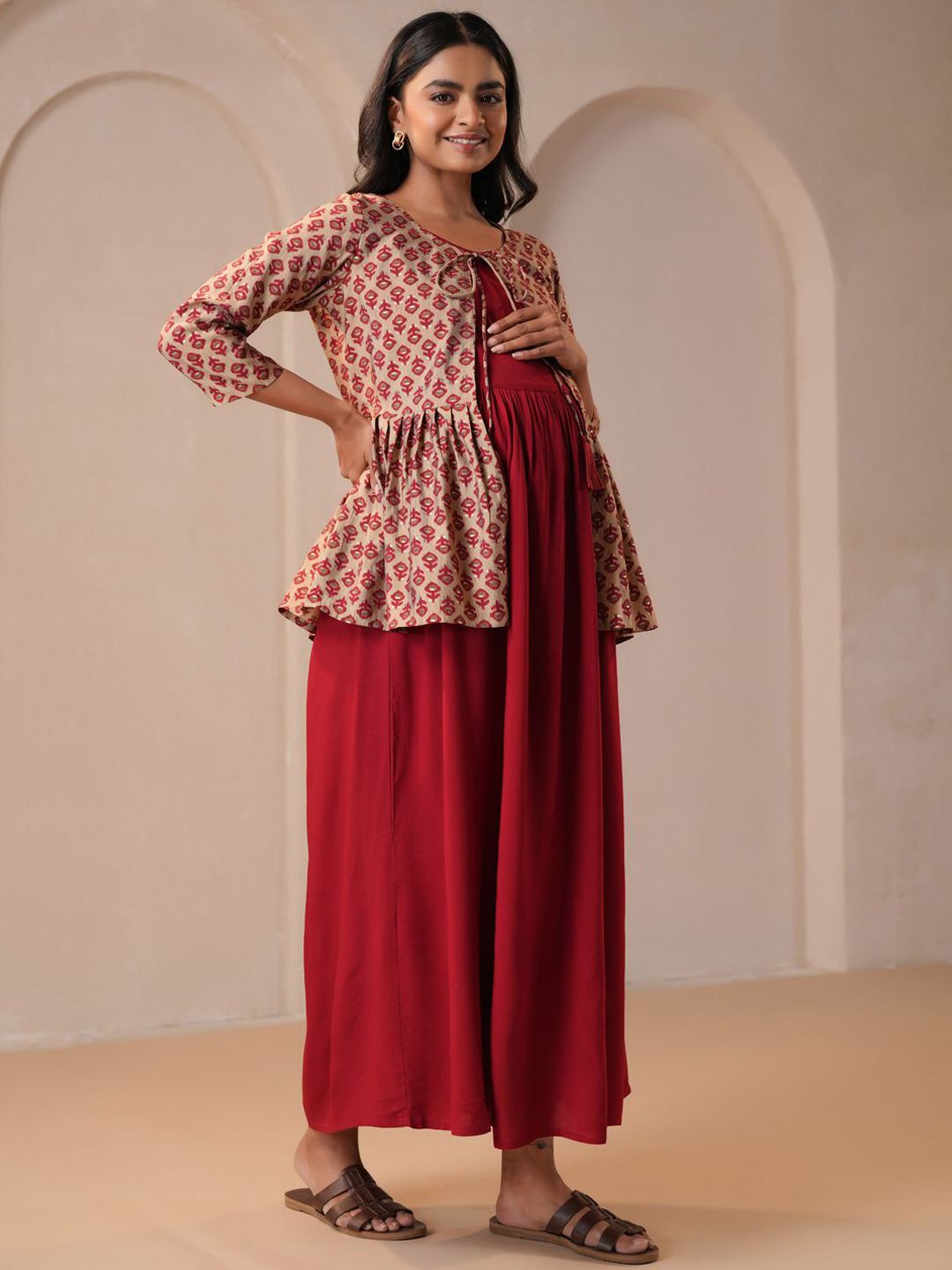 Dhiyona AY Women's Printed Fit & Flared Maternity Ethnic Dresses With Jacket