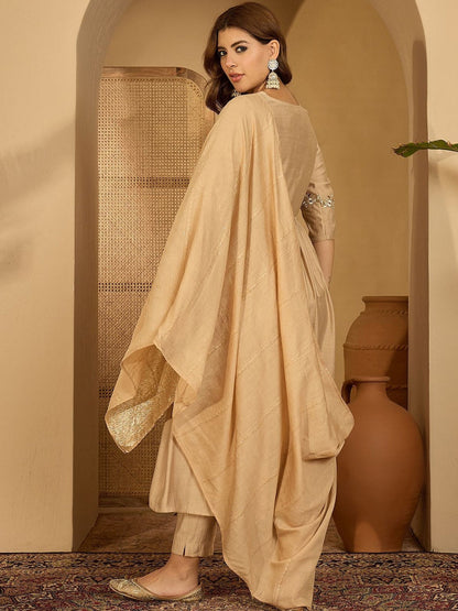 Women Beige Embroidered Kurta Sets With Dupatta
