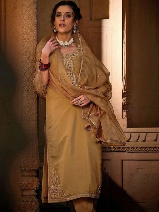 Dhiyona CH Women Ethnic Motifs Embroidered Regular Thread Work Kurta with Trousers & With Dupatta