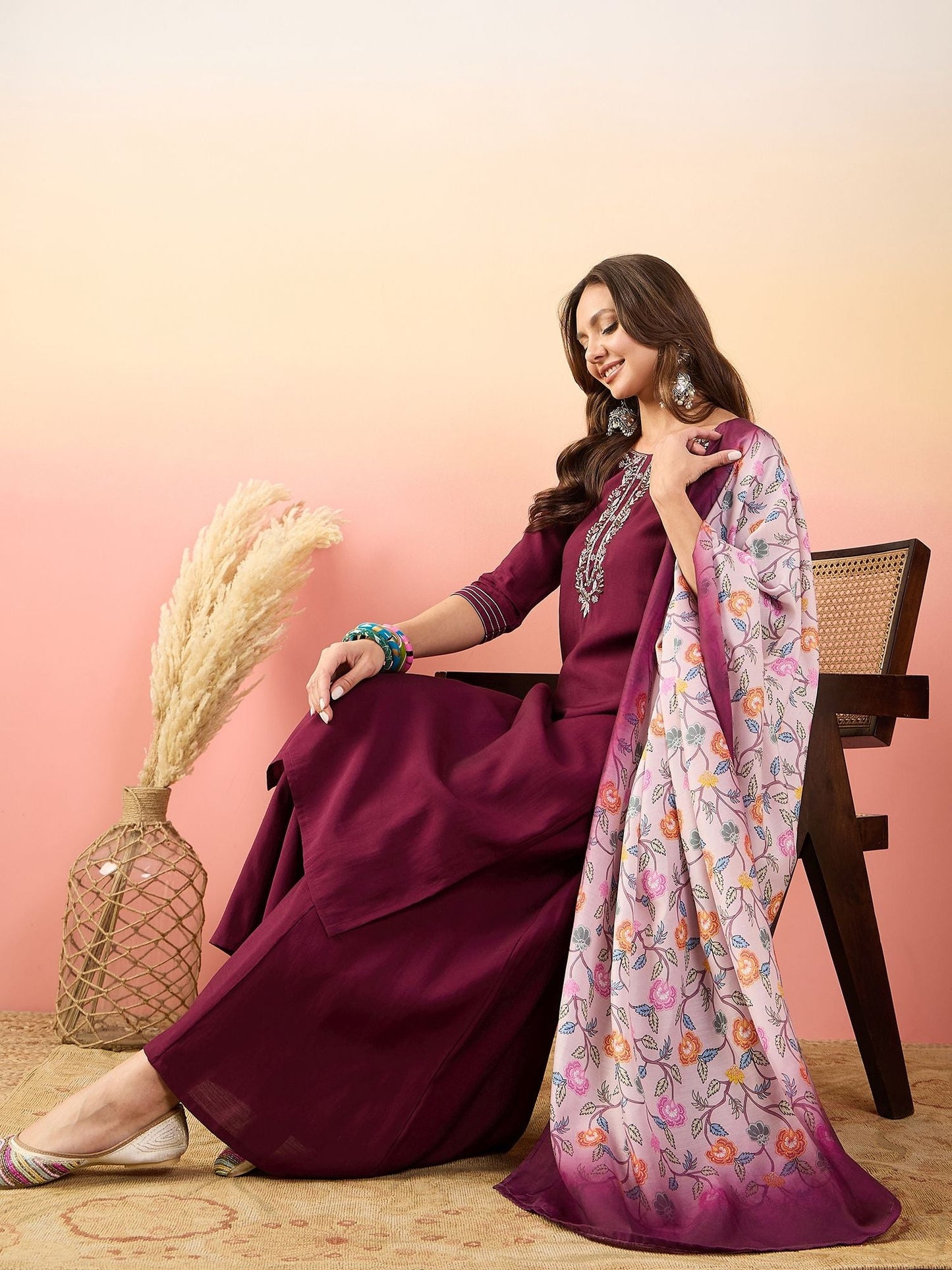 Dhiyona SN Self Design Embroidered A-Line Kurta With Palazzos & Dupatta
