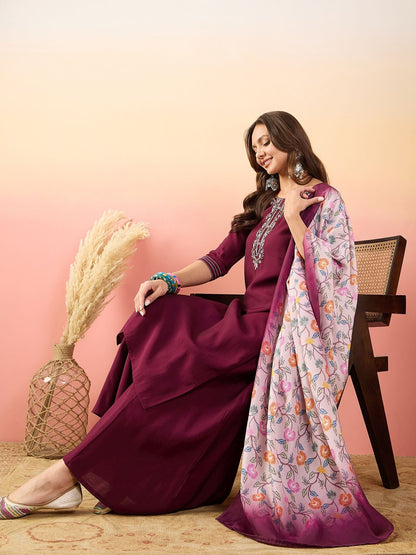 Dhiyona SN Self Design Embroidered A-Line Kurta With Palazzos & Dupatta