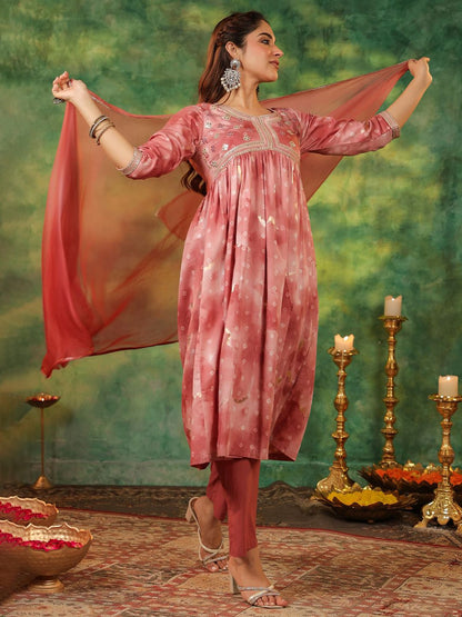 Dhiyona RR Women's Bandhani Printed Pure Cotton Anarkali Kurta With Trousers & Dupatta
