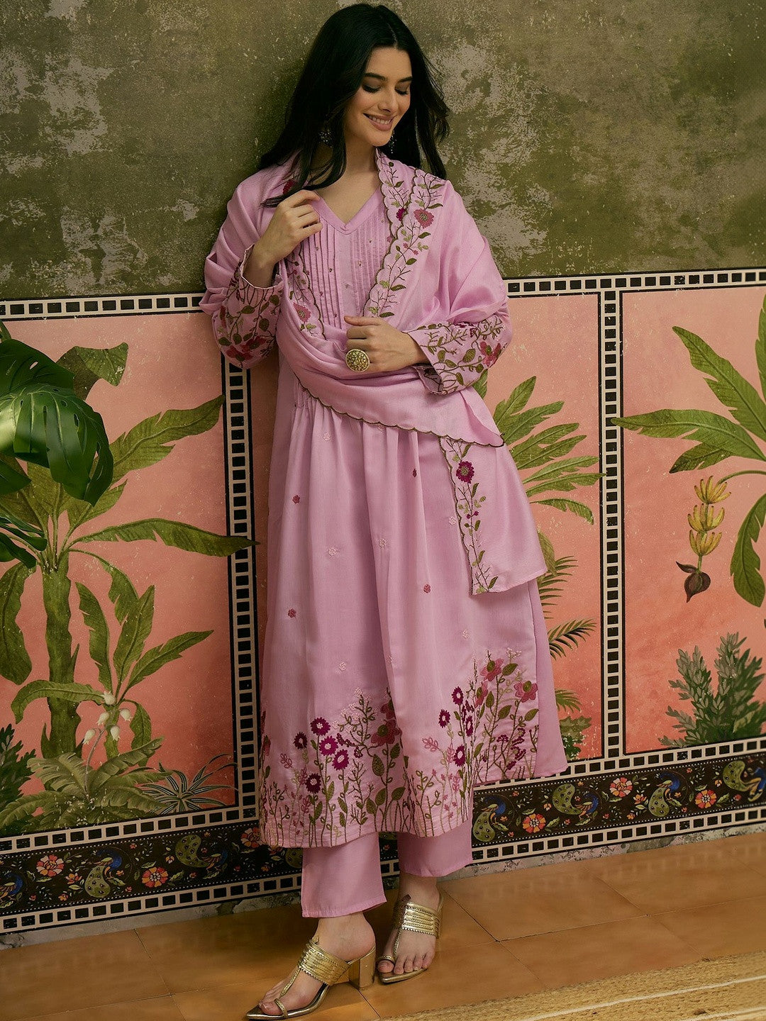 Embroidered V-Neck Kurta & Trousers with Dupatta Set