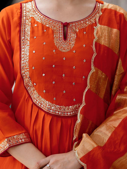 Dhiyona KL Women Embroidered Chanderi Silk Kurta with Trousers & Dupatta