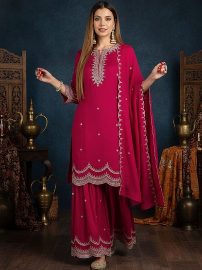 Dhiyona SN Embroidered Round Neck Straight Kurta & Sharara With Dupatta