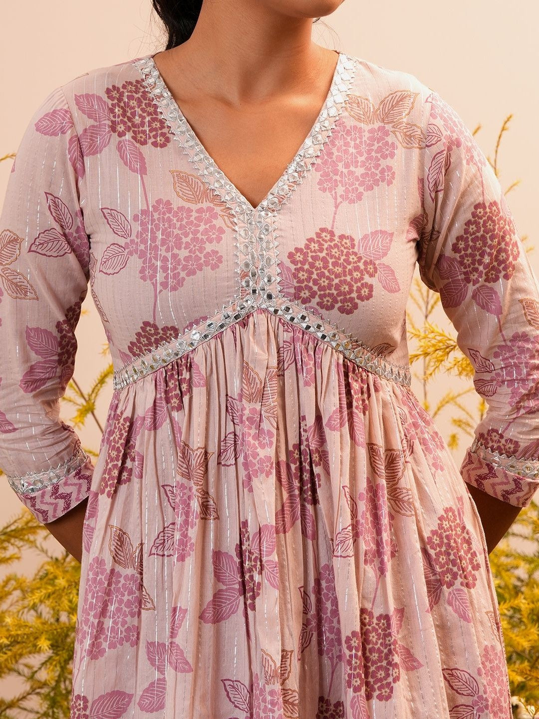 Women Floral Printed Empire Mirror Work Kurta with Trousers