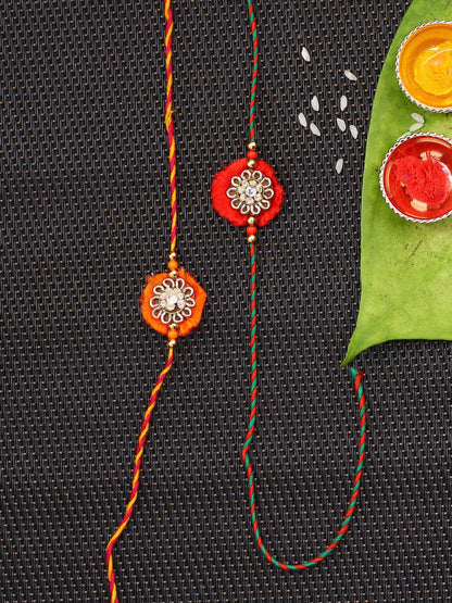 Dhiyona Set Of 2 Red Flower Design Stone Studded Rakhis Comes With Roli Rice & Greeting Card