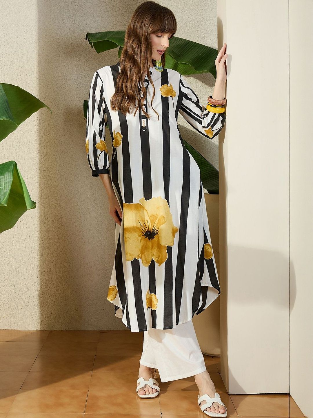 Dhiyona IE Women Striped Cotton A-Line Kurta with Trouser