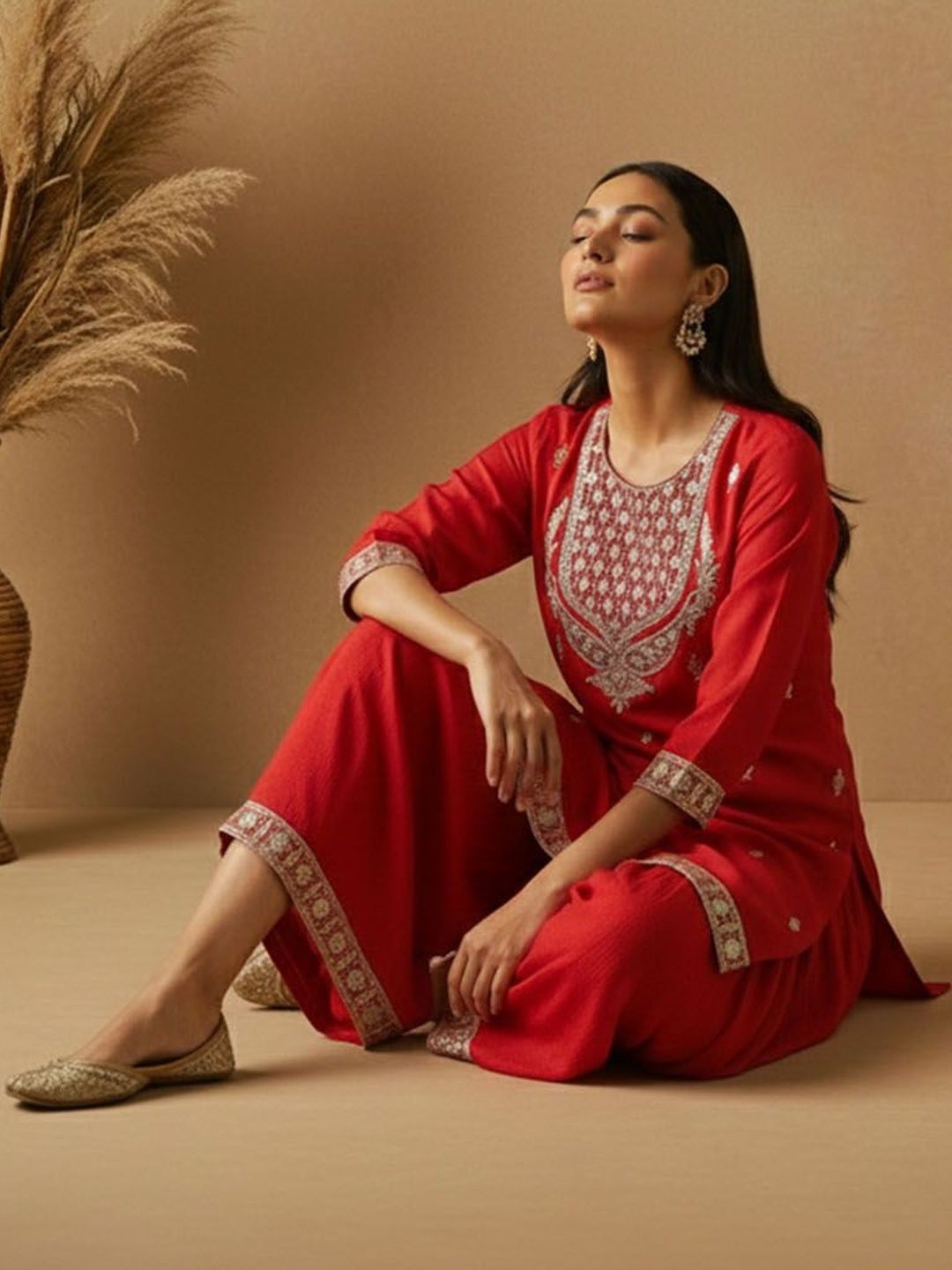 Dhiyona AN Women Ethnic Motifs Embroidered Regular Thread Work Kurta with Sharara & With Dupatta